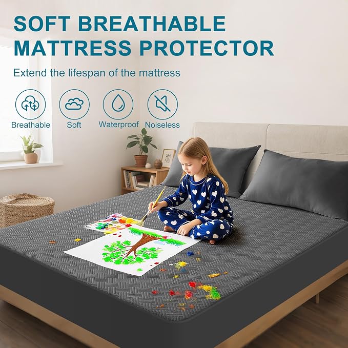 Waterproof Twin XL Size Mattress Protector with Deep Pockets, Gray | Breathable Noiseless Soft Mattress Pad Cover Fits 8"-21" Deep Mattresses, Great for Home, Hotel & Bedroom, Machine Washable