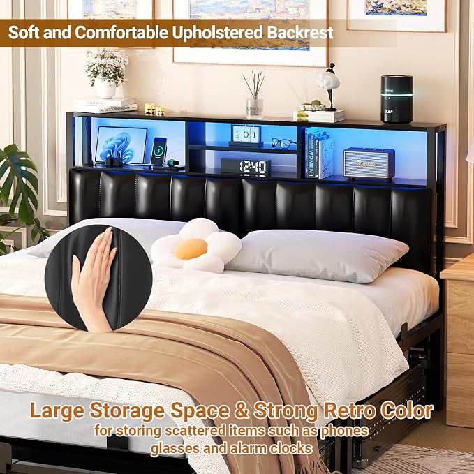 Aheaplus Headboard for Queen Size Bed with Storage, Upholstered Headboards | with Outlets, USB Ports and LED Light, Reversible Queen Size Head Board, Height Adjustable, Comfortable Headboard, Black