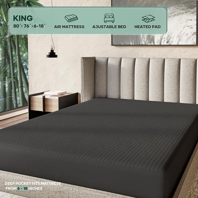 OhGeni 100% Waterproof Mattress Protector, King-Gray Size Mattress Pad, Fits 6"-20" Mattresses with Deep Pocket, Cooling, Breathable Fitted Sheets, Washable Bed Cover Over 99 Count Hex Bumps