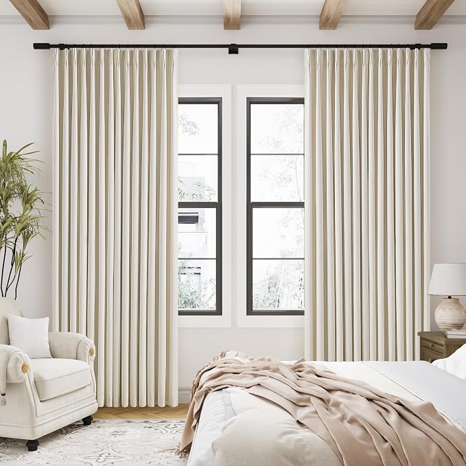 Cream Beige Linen Blackout Curtains Pinch Pleated 102 Inches Long | Memory Shape, Flax Linen 2 Layers for Full Blackout, Light Blocking Thermal Insulated, for Bedroom Living Room, 2 Panels Set