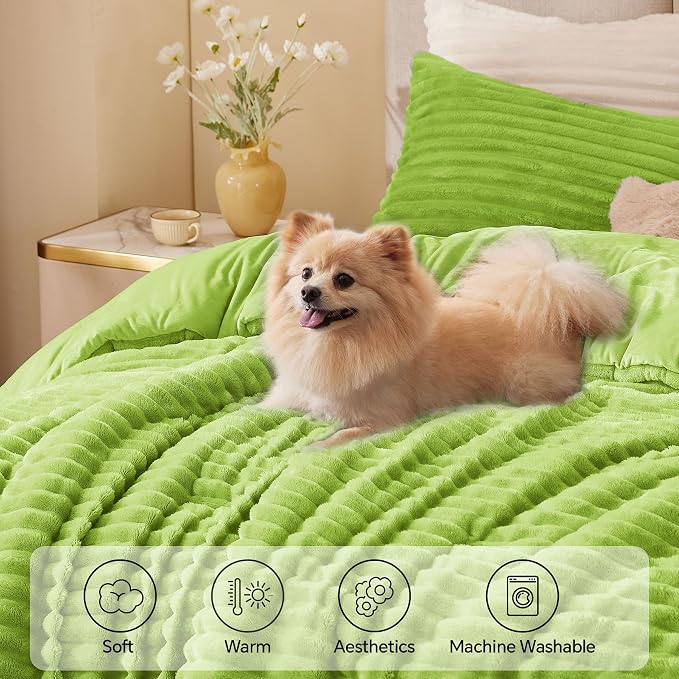 BEDELITE Fleece Queen Comforter Set, Fluffy Bed Set, Dark Citron | Super Soft & Warm Bedding, Luxury Fuzzy Faux Fur Comforter for Winter, Heavy Plush Bedding, with 2 Pillowcases