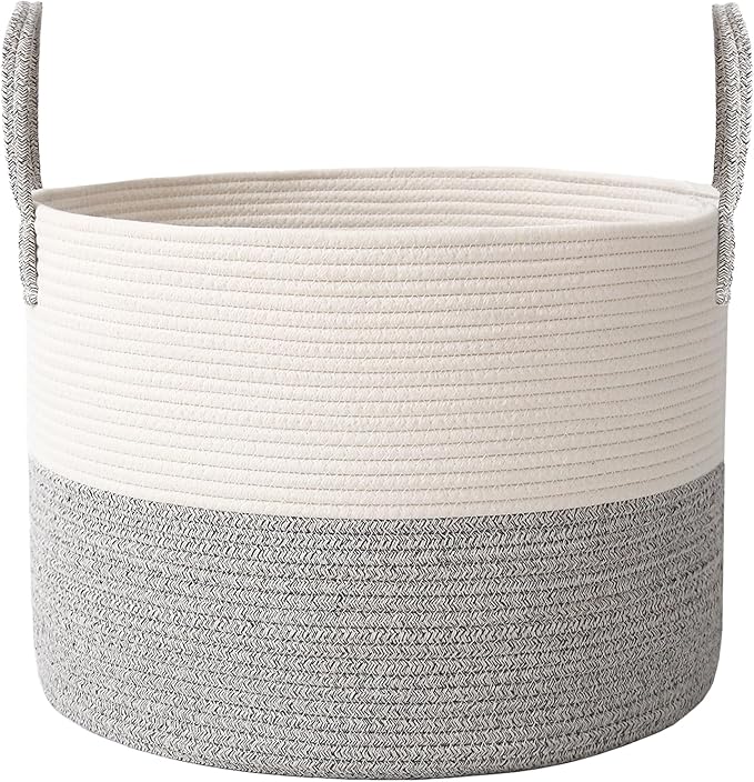 JMvicyroam 65L Extra Large Machine Washable Cotton Rope Blanket Basket | Collapsible laundry hamper, Reinforced handles, For blankets, pillows, toys and clothes, Living room and bedroom, White&Grey
