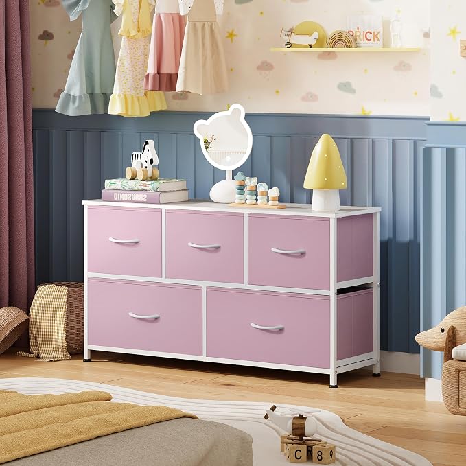 WLIVE 5 Drawer Dresser for Bedroom, Wide Chest of Drawers, A-Pink | 5 roomy fabric drawers, Wide storage design, Bedroom or closet use, Sturdy steel frame, Smooth wood tabletop