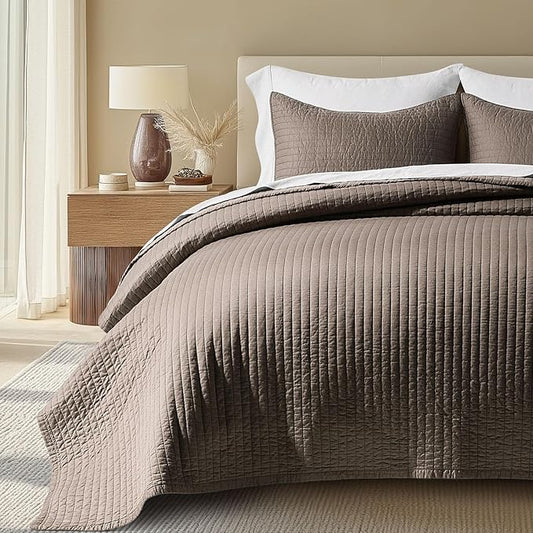 EVERGRACEHOME Cotton Sateen Quilt Set, Queen Size, Mocha Brown | 100% Cotton, Channel Stitch Coverlet Bedspread, Pre-Washed Lightweight Soft Bedding Set for All Season, 3 Piece, with 2 Shams
