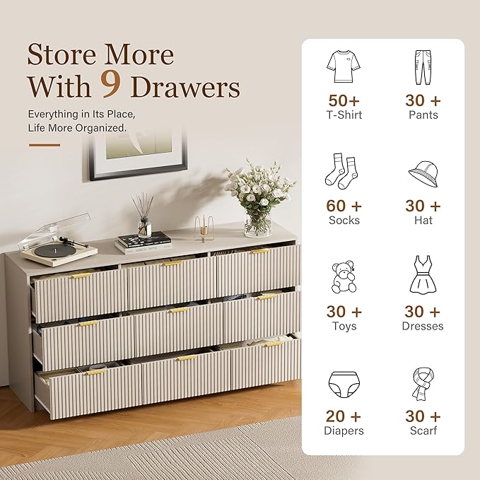 Furniway 9 Drawer Dresser for Bedroom, 63" Wide Dresser with Gold Handles, Modern Wood Chest of Drawers Storage Cabinet, Fluted Long Dresser for Bedroom, Living Room, Hallway, Beige