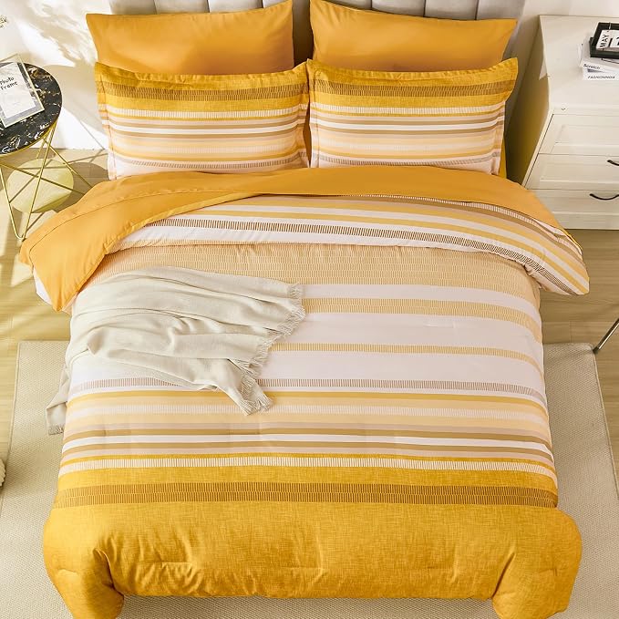 Dobuyly Yellow Comforter Set Queen Size 7 Piece, Boho Striped Bed in a Bag Queen Soft Microfiber Bedding Sets with Comforter, Sheets, Pillowcases & Shams All Season