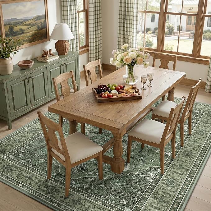 RELEANY Washable Area Rug, 7'x10', Green/Dark Green/Gray | Non-Slip, Water Repellent, Pet Friendly, Easy to Clean, Vintage Floral Boho Decor for Living Room Bedroom Dining Room Office
