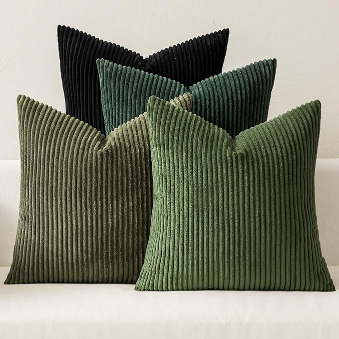 MIULEE Soft Corduroy Decorative Throw Pillow Covers Neutral Green 18x18 | Set of 4, Mordern Nordic Decor, Forest Bath Green Collection, Boho Farmhouse Cushion Covers for Couch Bed Sofa Living Room