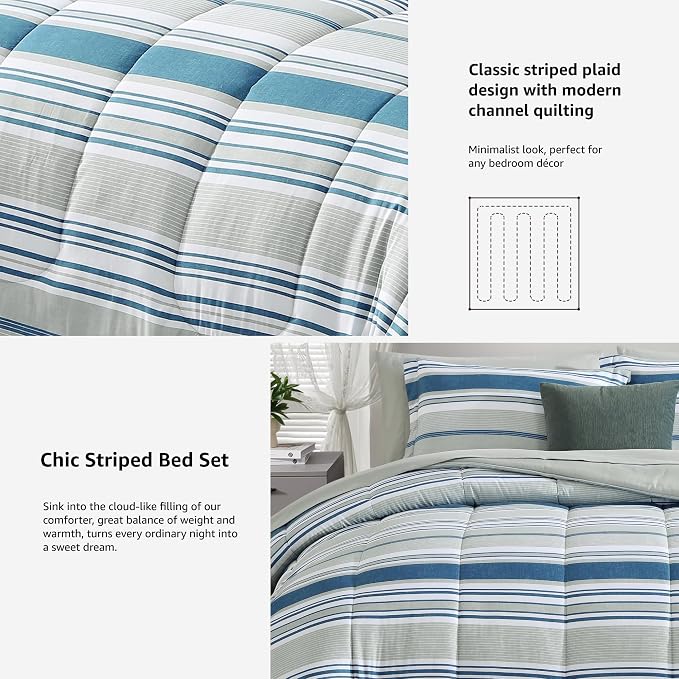Monbix Queen Comforter Set-7 Pieces Striped Bed in a Bag Queen Bedding Sets | All Season Royal Blue Reversible Soft Comforter Bed Set with Sheets, Pillowcases & Shams