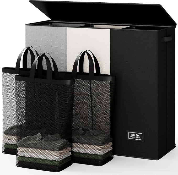 SOLEDI Laundry Hamper 3 section with lid and 3 Pcs Bag, Large Hamper 3 compartment 180L, Laundry Basket Laundry sorter Clothes hamper for Laundryroom Bedroom Blanket Storage Organizer