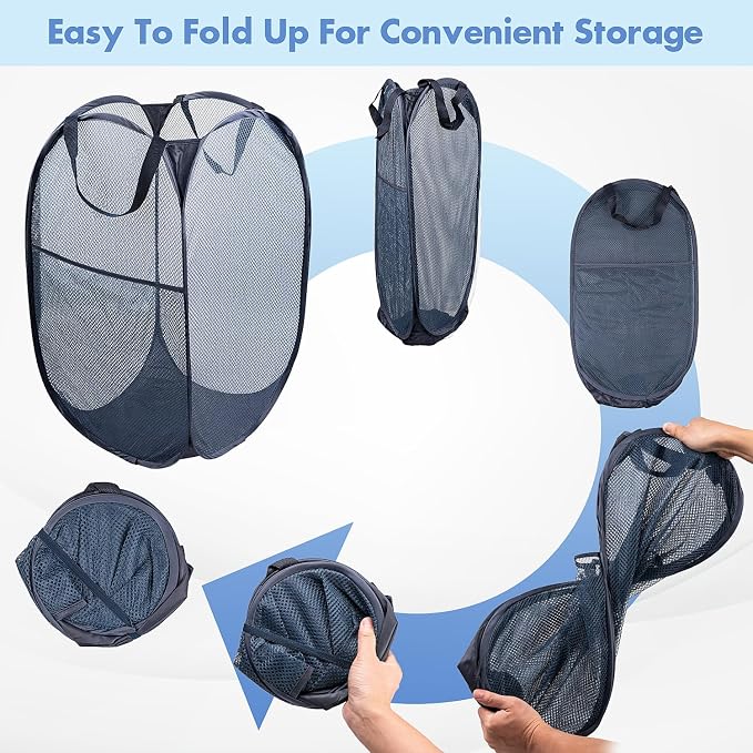 Pop Up Laundry Hamper, 70 L Collapsible Mesh Basket with Side Pocket, Blue | Reinforced handles, breathable fabric, foldable, portable for dorm college travel camping cruise, dirty clothes, toys storage