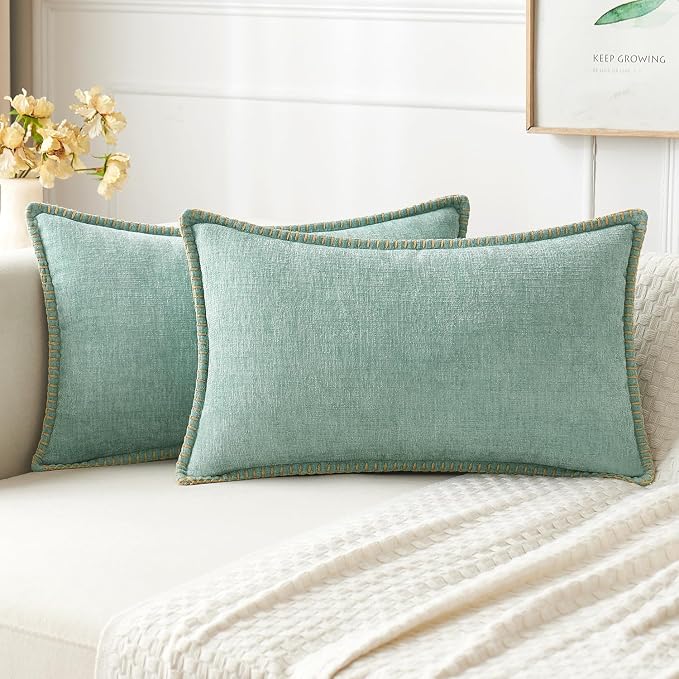 MIULEE Decorative Lumbar Throw Pillow Covers 12x20 Inch Aqua Green 2 Pack | Farmhouse Pillow Covers with Stitched Edge, Soft Chenille Cushion Cases, for Couch Sofa Bed Living Room Home Decor