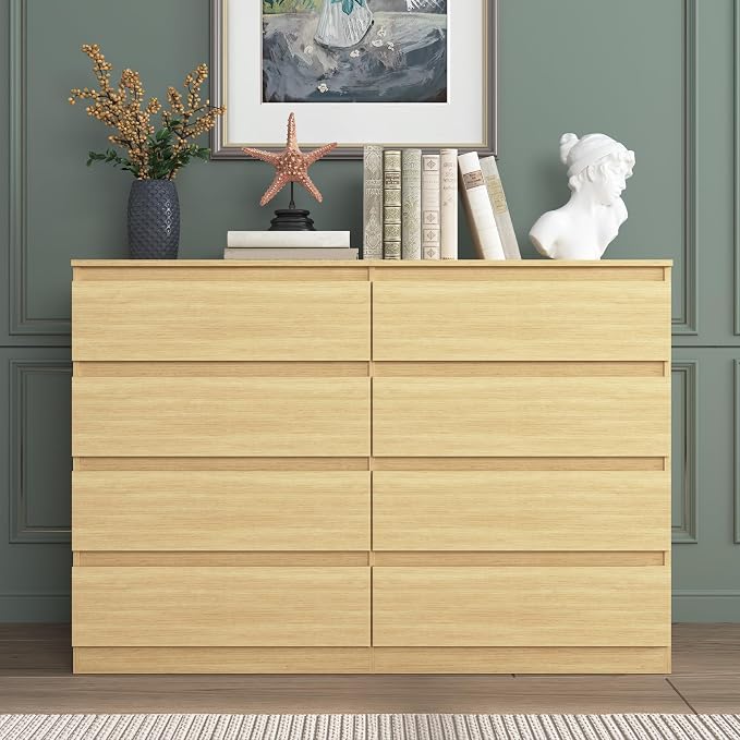 Vibe & Dine 8 Drawer Double Dresser, Modern Chest of Drawers with Wide Storage for Closet, Bedroom, Living Room, Natural Wood