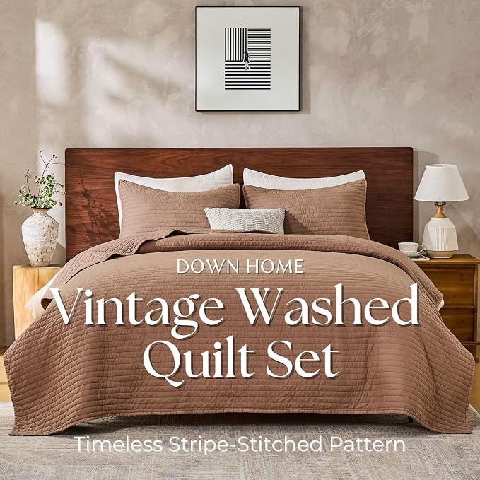 DOWN HOME King Quilt Bedding Set with Shams, Vintage Washed Quilted Blanket Thin Comforter Lightweight Bedspread Coverlet Bed Cover, Brushed Microfiber Stripe Stitching, Washed Terra, 104"x90"