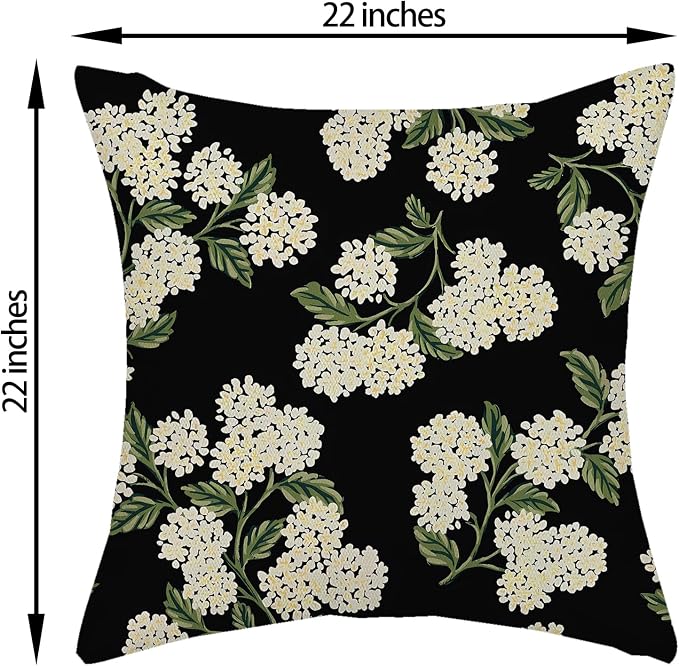 Black Spring Pillow Covers 22x22 Inch 2 Pcs Green Hydrangea Flower Decor Throw Pillows Vintage Floral Seasonal Summer Outdoor Decoration Pillowcase Linen Cushion Cover for Couch Sofa