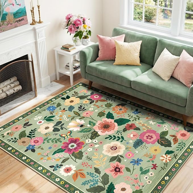 RELEANY Floral Washable 3x5 Area Rugs LightGreen | Flower Carpet, Print, Boho, Non-Slip, Easy to Clean, Soft, Low Pile for Living Room Bedroom Kitchen Office Entryway Hallway
