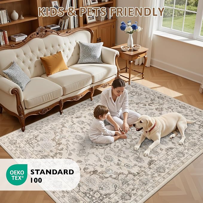 9x12 Area Rugs Living Room: Washable Rug for Bedroom Brown Beige | Vintage No Slip Stain Resistant Rug Soft Indoor Decor Floor Floral Area Rugs for Dining Room, Nursery, Hallway, Home Office