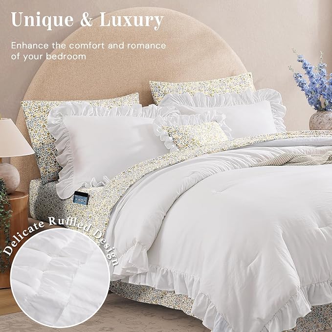 King Size Comforter Set-7 Pieces Ruffle Bedding Floral Sheet | White Bed in a Bag, Soft Lightweight All Season Farmhouse King Size Bedding Sets with Floral Sheets, Pillowcases & Shams
