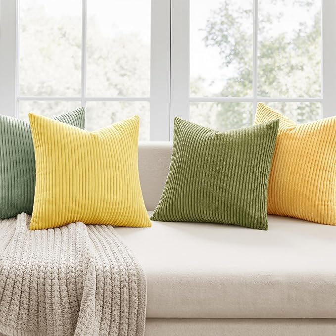 MIULEE Soft Corduroy Decorative Throw Pillow Covers Yellow Green 18x18 | Set of 4, Mordern Nordic Decor, Lime Lemon Green Set, Boho Farmhouse Cushion Covers for Couch Bed Sofa Living Room