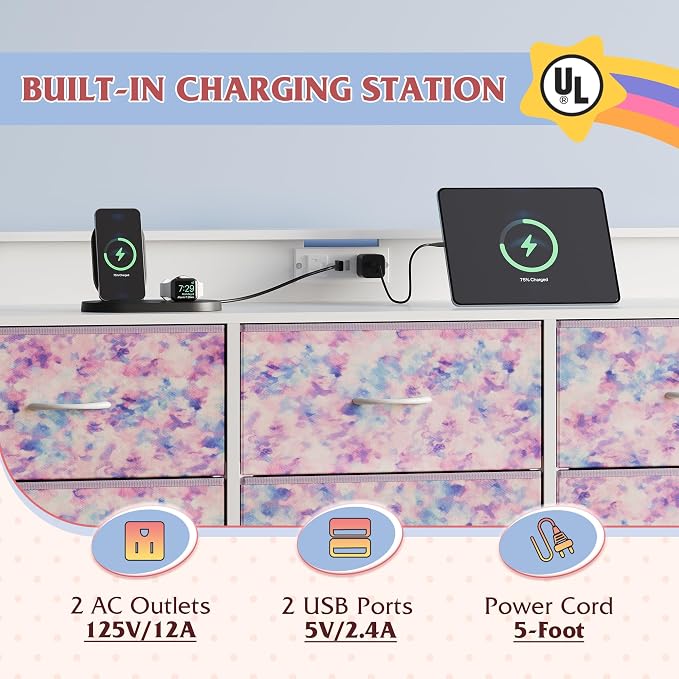 WLIVE Dresser TV Stand 9 Drawers, Fabric Chest LED Lights, Tie-dye | 9-drawer dresser TV stand fits 55in TV with RGB LED lights and charging station, fabric media console for living room