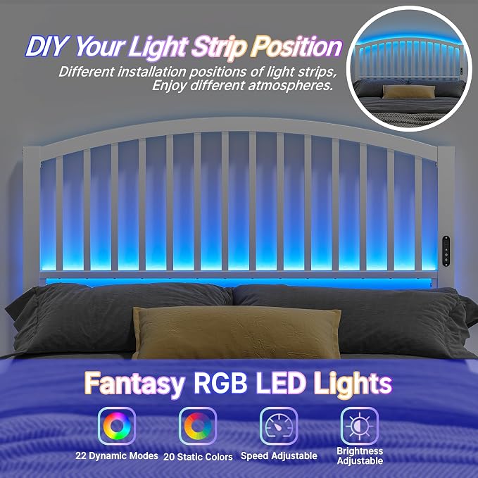 Weehom Metal Queen Headboard Only with LED Lights and USB, White | Freestanding queen size headboard; adjustable height; USB charging station; modern bedroom design