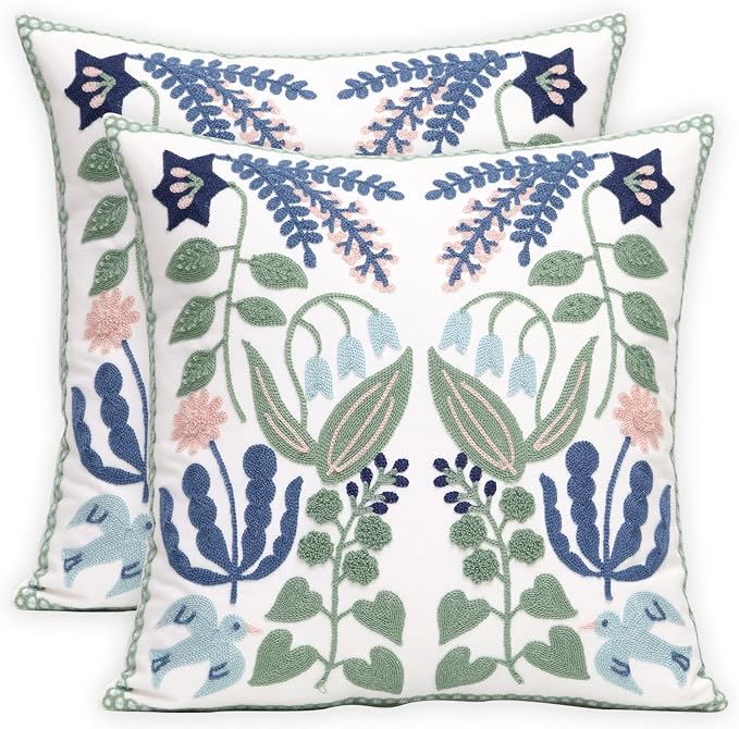 Pack of 2 Embroidered Decorative Throw Pillow Cover 18x18 Inch Farmhouse Floral Pillowcase for Living Room Sofa Bed (Bird Flower)