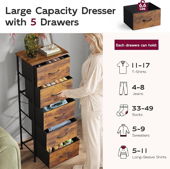 WLIVE Tall Dresser for Bedroom, 5 Drawer Dresser, Rustic Brown | 5 vertical fabric drawers, Tall vertical design, Bedroom or closet use, Dresser for small spaces, Chest of drawers