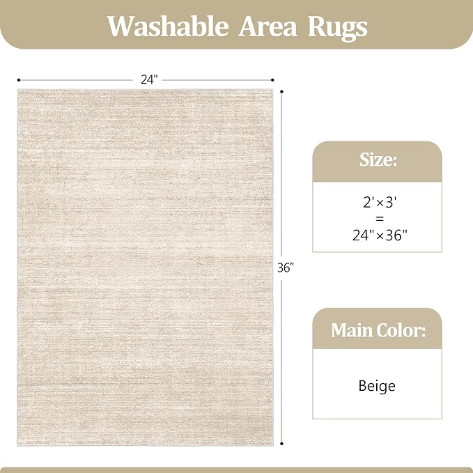 2x3 Rug Non Slip, Small Washable Entryway Rug Indoor Doormat Beige | Soft Low Pile, Thin & Lighweight Carpet, Folable Stain Resistant Modern Indoor Floor Mat for Living Room, Bedroom, Kitchen