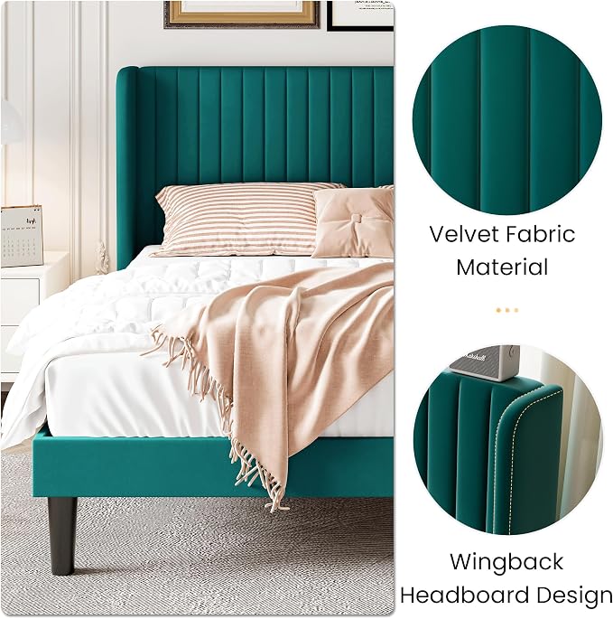 SHA CERLIN Full Size Velvet Bed Frame, Tufted Wingback Headboard, Teal | 47'' Modern Vertical Channel Headboard, Upholstered Platform Bed, Wood Slats, No Box Spring Needed, Easy Assembly, Noise Free