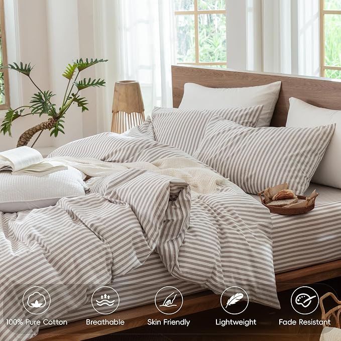 MooMee Striped Duvet Cover Set 100% Washed Cotton Linen Like King | Relaxed Linen-like Texture. Soft, Breathable & Long-lasting Comfort. Lightweight. Hidden Zipper with 8 Interior Corner Ties
