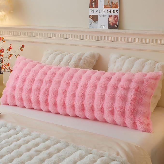 LIFEREVO Fluffy Faux Rabbit Fur Body Pillow Cover 20"x54", Pink | Soft Bubble Shaggy Bed Pillowcase with Zipper Closure, Long Plush Furry Pillow Case for Bedroom Pregnant Women Side Sleeper
