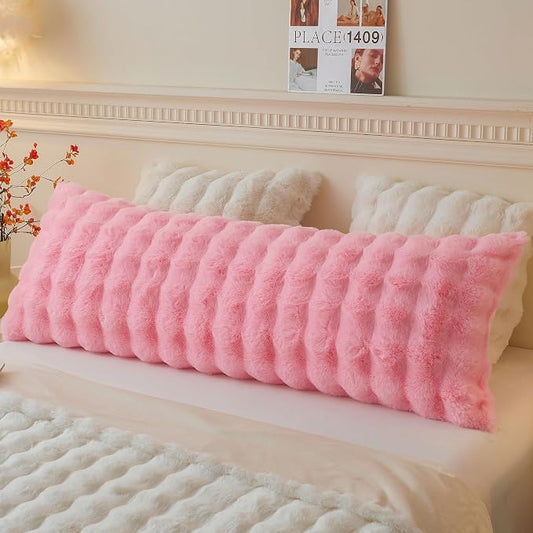 LIFEREVO Fluffy Faux Rabbit Fur Body Pillow Cover 20"x54", Pink | Soft Bubble Shaggy Bed Pillowcase with Zipper Closure, Long Plush Furry Pillow Case for Bedroom Pregnant Women Side Sleeper