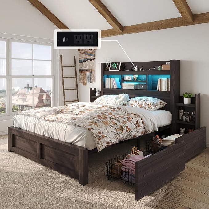 LUXOAK Full Bed Frame with Storage, Bookcase Headboard, Black | 49.6" Headboard, Wood Platform Bed, Charging Station, Bedside Storage, 4 Storage Drawers, No Box Spring Needed, Farmhouse