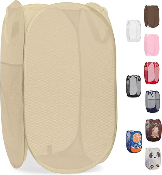 Handy Laundry Collapsible Mesh Pop Up Laundry Hamper with Side Pocket, Breathable & Space-Saving Foldable Basket for Clothes, Toys, Travel, Storage, 14 x 13 x 24 in, Beige
