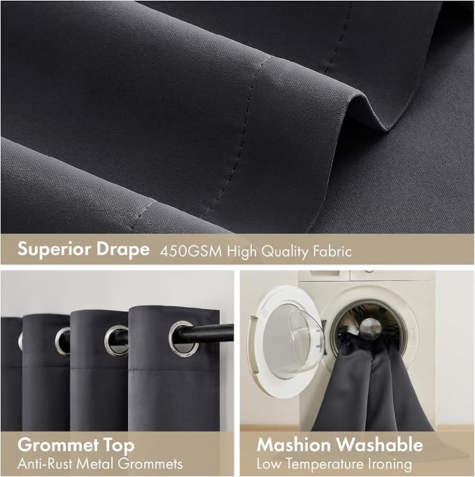 MIULEE Grey 100% Blackout Curtains for Bedroom 90 Inch Long 2 Panels Set | 2 Thick Layers Thermal Insulated Window Curtains with Black Liner, Noise Reducing Grommet, Drapes for Living Room, 2 Panels