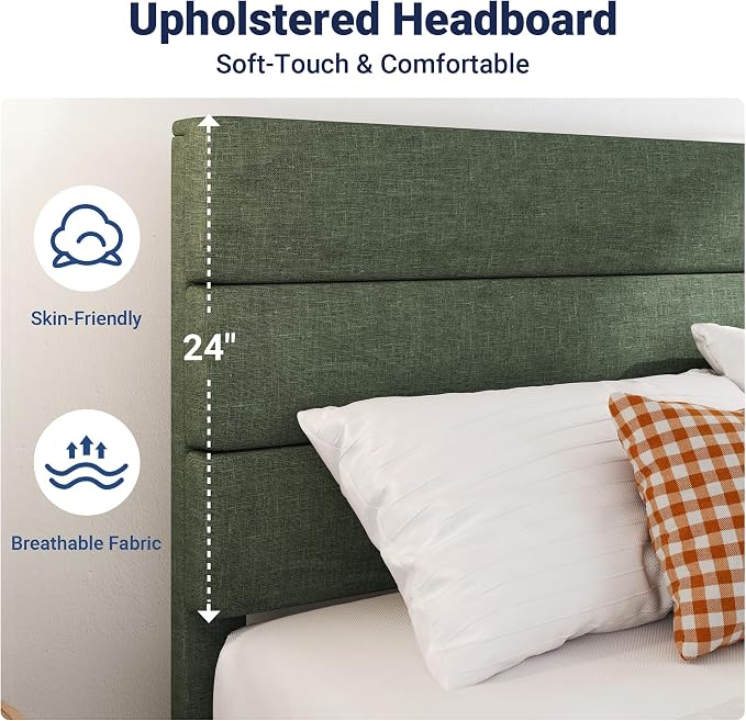 Allewie King Size Platform Bed Frame with Velvet Upholstered Headboard and Wooden Slats Support, Fully Upholstered Mattress Foundation/No Box Spring Needed/Easy Assembly, Green