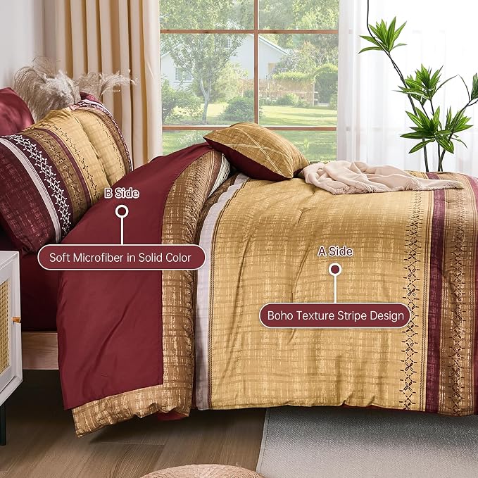 Dintszyayue Burgundy Queen Comforter Size Set, 8 Pieces Boho Striped Texture Bed in a Bag Sets, Lightweight Soft Bohemian Comforter and Sheet Set, All Season Microfiber Bedding Sets for Men Women