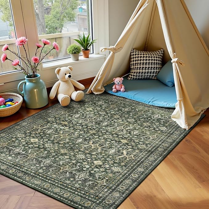 4x6 Area Rugs for Entryway, Green Washable Non-Slip Area Rug for Kitchen | Low Pile Soft Small Rugs, Vintage-Style Carpet for Bathroom Bedroom Tool Room, Stain Resistant Foldable Distressed Rug