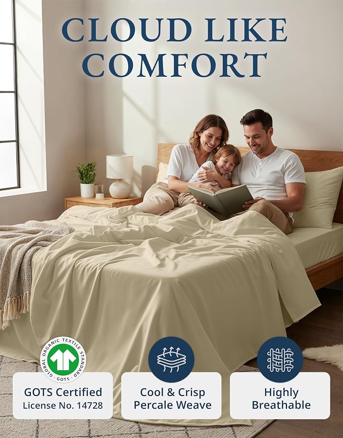 LANE LINEN 100% Organic Cotton Bed Sheets Full Size, Fully Elasticized Reinforsed Seams in Fitted Pocket, Machine Washable Naturally Cooling Full Sheet Deep Pocket Bedding- Linen