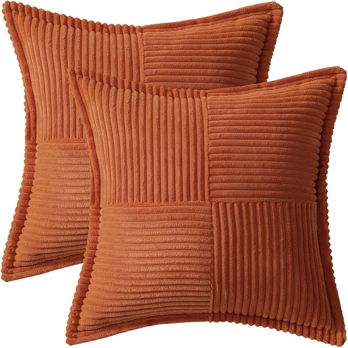 MIULEE Fall Burnt Orange Decorative Throw Pillow Covers for Couch 20x20 in | 2 Pack, Terracotta Boho Broadside Striped Patchwork Pillow Covers, Soft Corduroy Cushion Cases, For Sofa Bed Livingroom