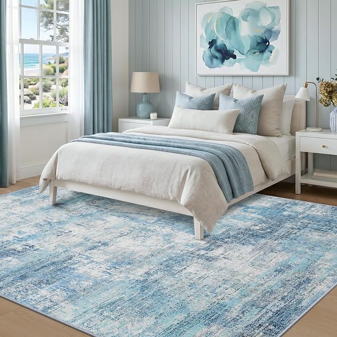 RELEANY Washable 8'x10' Abstract Area Rug for Living Room Teal Blue | Carpet for Bedroom, Kitchen, Office, Hallway and Entryway, Printed Pattern, Non‑Slip, Soft, Stain‑Resistant, Easy to Clean