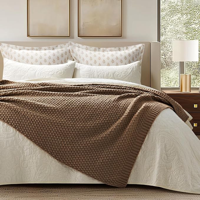 EVERGRACEHOME Chunky Chenille Knit Throw Blanket, 50 x 60, Camel Brown | Sculpted Moss Stitch, Chic Modern Farmhouse, All-Season Warmth, OEKO-TEX® Certified, Elegant Blanket for Couch, Bed, Sofa