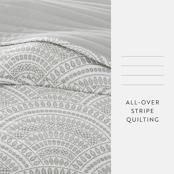 Merit Linens Soft Quilt Coverlet Bedding Set - Pattern/Solid Reversible - Full/Queen Light Gray