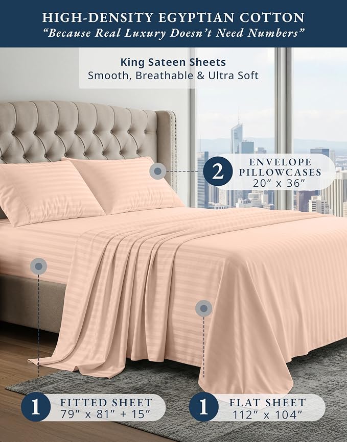 LANE LINEN Brown Sheets King 100% Egyptian Cotton Sateen - Veiled Rose | King Top Sheets Only - 4-Piece Set, For A Luxurious Night's Sleep, For Guests And Everyday Use, Guest-Ready Comfort