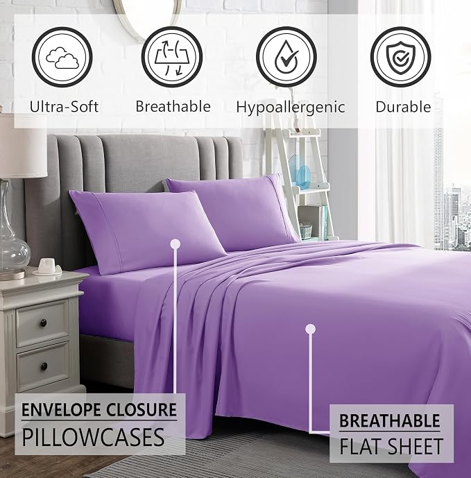 American Home Collection California King Sheet Set - Ultra-Soft Microfiber 15-Inch Deep Pocket - Wrinkle Free and Fade Resistant (Lavender)