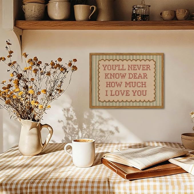 Framed You'll Never Know Dear How Much I Love You Wall Art, Vintage Nursery Pink Green Striped Pictures Wall Decor, Inspirational Quote Paintings Canvas Prints for Girl Bedroom Living Room 16x24 inch