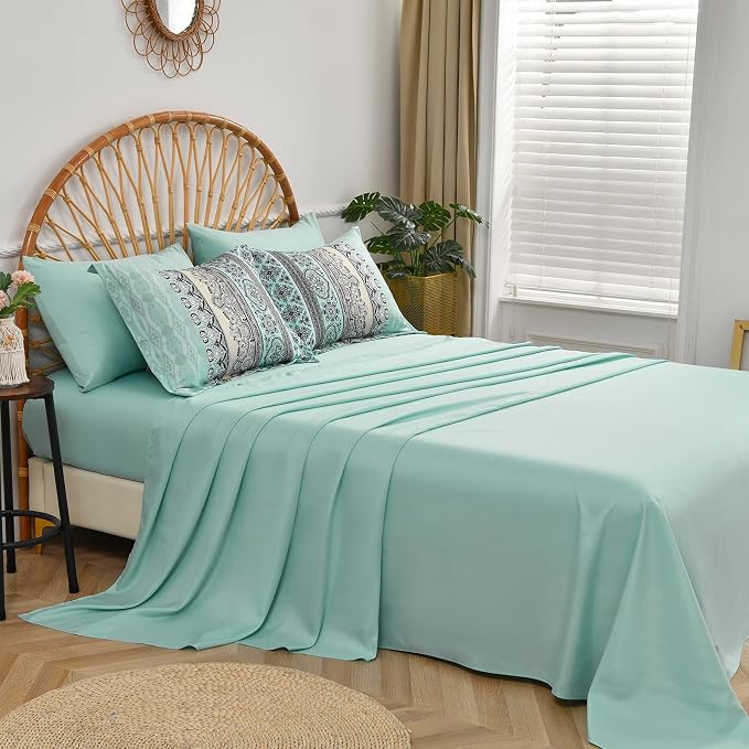 Cottolester Boho Comforter Set King Size,8 Piece Bed in a Bag Sage Green Paisley Comforter and Sheet Set,Striped Bedding Set Soft Microfiber Complete Bedding Set