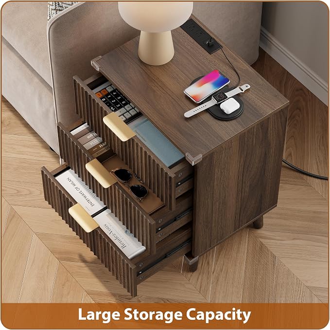 Wood Nightstands Set of 2 w/Charging Station, 3 Drawers Fluted Dresser | Walnut, Large Drawers, Metal Silent Rails, FSC Wooden, Sturdy Legs, Modern Fluted Panel, Living Room, Bedside Table
