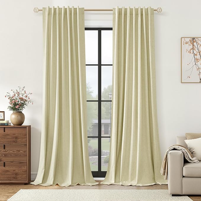 Extra Long 100% Blackout Linen Curtains for Bedroom 108 inches Long, Thermal Insulated Room Darkening Black Out Drapes for Living Room, Back Tab Rod Pocket 2 Panels Set,Cream Yellow,52x108