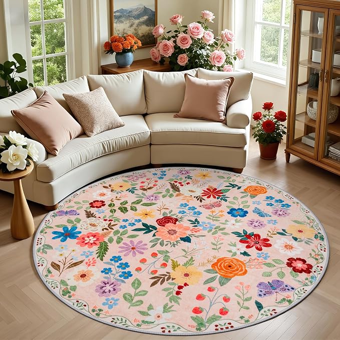 PLHXFR Round Area Rug Living Room: 6 ft Floral Washable Soft Carpet Beige | For Bedroom Dining Room Farmhouse Nursery Hallway,Vintage Floral,Machine washable,Non Slip,Stain Resistant,Large Indoor